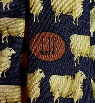 Rare Blue Beige Sheep Dog DUNHILL Silk LOGO Tie Italy • $16.99