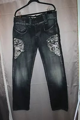 Ed Hardy Tiger Rhinestone Black Jeans Mens Size 36 X 32 Straight Leg Y2K Tattoo • $160