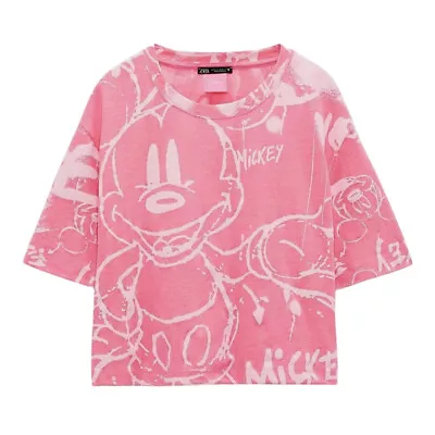 ZARA DISNEY NWT L Mickey Mouse Graffiti Cropped Shirt Tee Pink White 5643/351 • $39.90