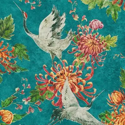 £23.99 • Buy Asian Fusion Cranes AS Creation Wallpaper Teal 37464-1 Floral Japanese Birds