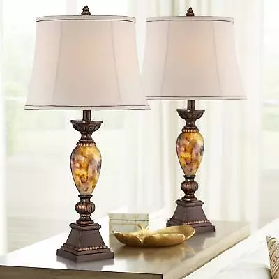 Vintage Table Lamps 30  Tall Set Of 2 Bronze Marbleized Off White Shade Bedroom • $159.90