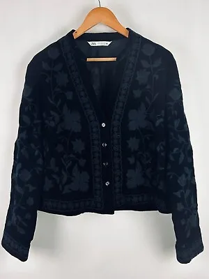 ZARA Women's Stunning Black Velvet Embroidered Floral Jacket Blazer Size XL! • $63.15