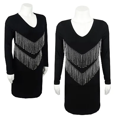 Vocal Sexy Womens Black Knit Rhinestone Fringes V Neck Long Sleeve Dress Top • $43.96