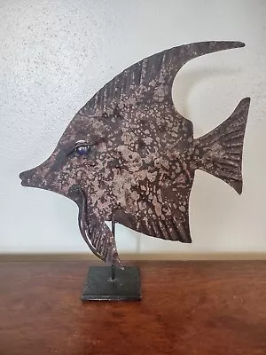 Vintage Metal Angelfish Sculpture Weathered Brutalist Design Glass Eye Pier 1 • $12.99