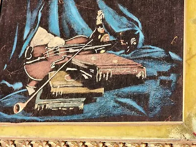 VTG MID CENTURY MODERN BLACK VELVET PAINTING  / CLASSIC ART / VIOLIN / Signed • $49.95