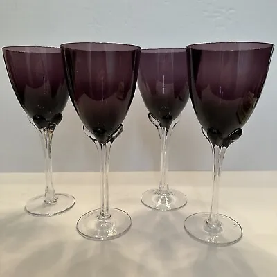 (4) MURANO Hand Crafted Amethyst Tall Long Ribbed Stemmed Wine Glass Goblets • $50