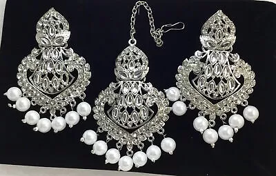 New Bridal Maang Tikka Earrings Set Pearl Kundan Pearl CZ Silver Indian Jewelry • $23.64