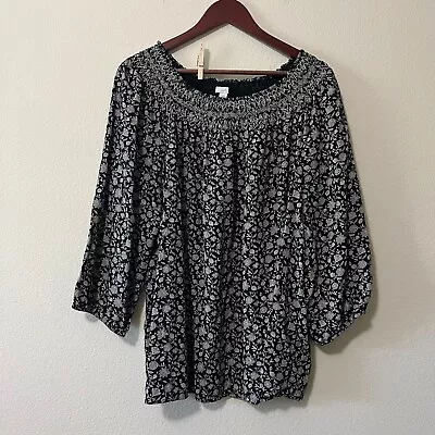 J. Jill Womens Ditsy Floral Black Balloon Sleeve Ruched Neck Blouse Top Size XL • $18.99