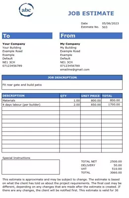 Professional Job Estimate Template Excel Format - Instant Email Despatch • £7.99