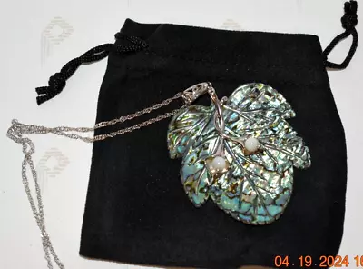 JTV Multi Color Abalone Shell Rhodium Over Silver Pendant W Chain Leaf Shape NEW • $40