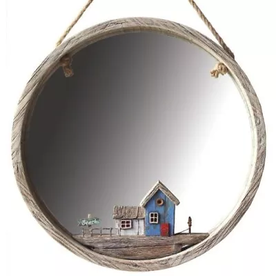Rustic Beach Hut Mirror Wood Hanging Nautical Coastal Scene Seaside Bathroom Art • £39.99