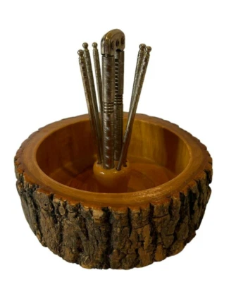 $35.99 • Buy Vintage Wooden Bark Nut Bowl Set With Etched Nutcracker & 6 Picks, MCM EUC