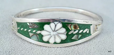 STERLING Silver ABALONE & ENAMEL Hinged Clamp BRACELET Signed Mexico 10g Vintage • $16.46