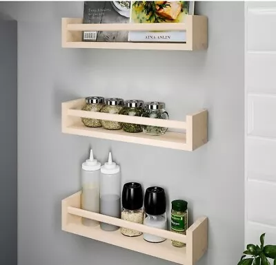 Wall Mounted Pine Spice Rack Kitchen Jar Storage Solid Wooden Shelf Bekvam • £7.95