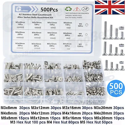 500x Countersunk Head Screws Allen Key Bolts Hex Nut M3 M4 M5 Stainless Steel A2 • £9.98