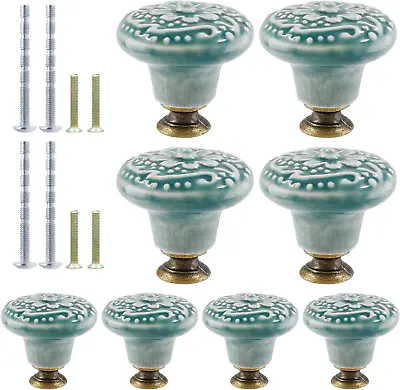 Set Of 8 Green Ceramic Knobs - Vintage Kitchen Cabinet Pulls Retro Dresser Knobs • $15.59