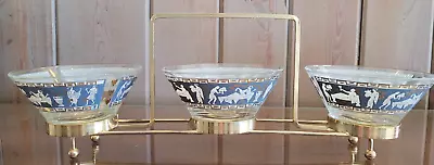 Cera Glass Etruscan Frieze - 3 Glass Serving Bowls In Gold Stand With Handle • $24