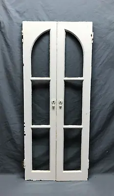 Pair Antique 3 Lite Arched Glass Cabinet Cupboard Window Doors VTG 9x44 112-24B • $225