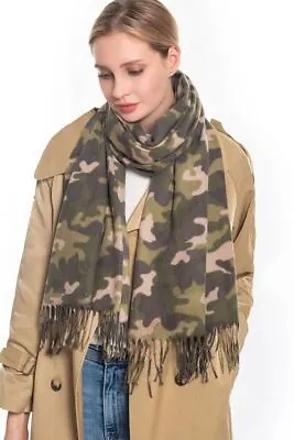 Women's Designer Camouflage Pattern Fringed Scarf Olive S5017 • $11.99