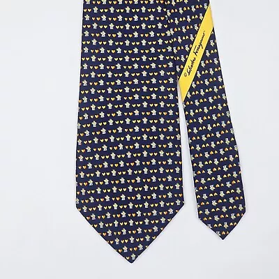 SALVATORE FERRAGAMO TIE Hut & Heart On Dark Blue Silk Necktie • $19.99