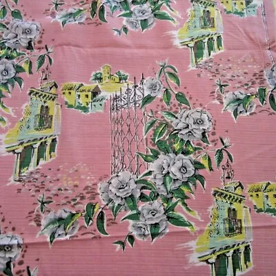 50cm X121cm Pink Novelty Cotton Barkcloth Era Curtain Fabric 1950s Vintage Retro • $55