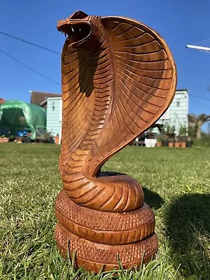 Stunning Hand Carved Wooden King Cobra Snake From Indonesia • £19.99