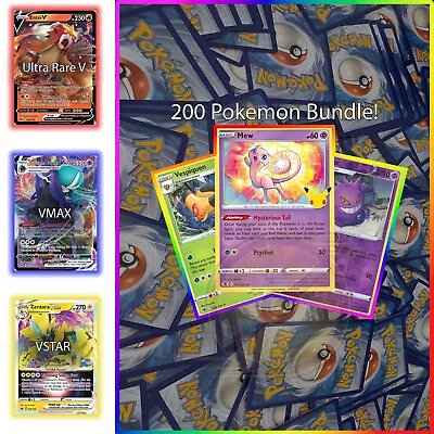 $32.95 • Buy 200 Pokemon Cards Bulk | Up To 24 Rare Holo Shiny | 1-2x V/VSTAR/VMAX Ultra Rare