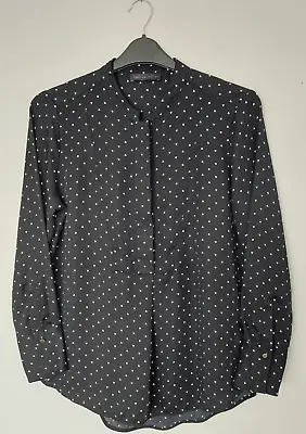 M&s Collection 14 Black Crepe De Chine Mandarin Collar Long Sleeve Blouse • £16.50