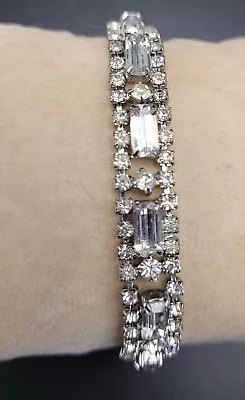 Vintage Art Deco Sparkling Clear Rhinestone Bracelet Baguette 6.5  3 Row • $17.91