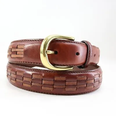 Vintage Plaited Belt Men 49 Brown Woven Cowhide Leather Brass Adjustable Buckle • $12.03