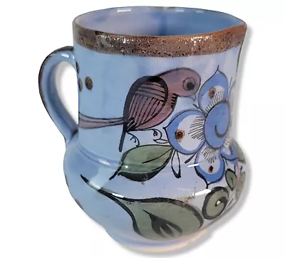 Vintage Tonala Cream Pitcher Blue Flowers Bird Design Mexican Pottery Signed • $35