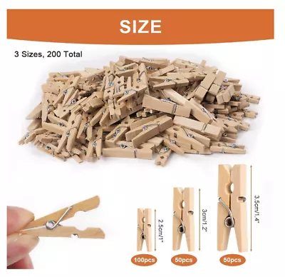 200 Mini Natural Wooden Pegs Cloth Crafts Cards Photo Clips Decor 2530 & 35mm • £6.57
