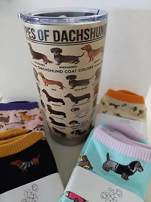 NEW Dachshund Tumbler 20 Oz. Stainless Steel Vacuum Cup & Lid 4 Pairs Socks Lot • $25.50