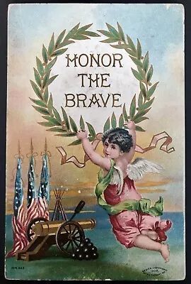 Antique Postcard  Patriotic  HONOR THE BRAVE Angel Flags Cannon Funny Message! • $4.69