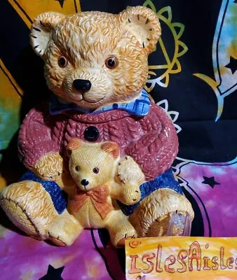 Teddy Bear In Sweater With Cub Cookie Jar Storage Container GKA Vintage • $24.99