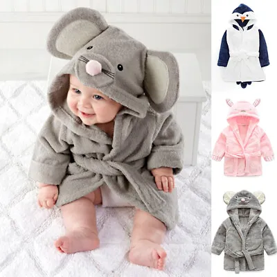 Kids Baby Bath Robe Cute Cartoon Flannel Soft Dressing Gown Hood Boys Girls UK • £6.89