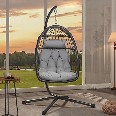 Hanging Egg Chair Rattan Patio Swing Chairs Stand&Cushion Indoor Outdoor Garden • £169.99