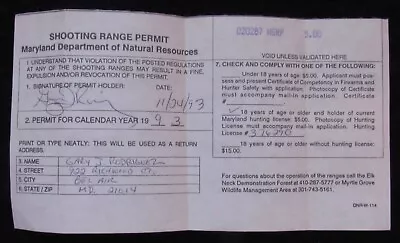 1993 Maryland Shooting Range Permit - Elk Neck & Myrtle Grove WMA • $10