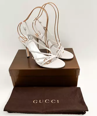 Gucci Heels GG Logo White Strappy Sandals Size 38.5 8.5 • $325
