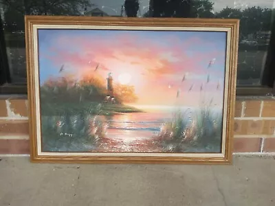 B Duggan Vintage Oil On Canvas Painting. Lighthouse Design. Signed  • $199.99