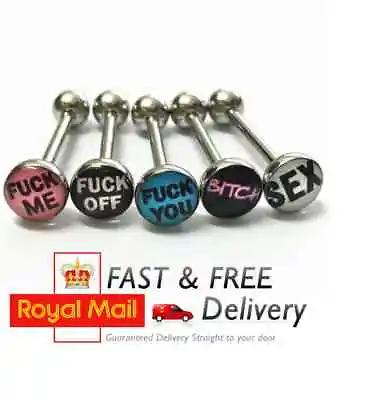 RUDE WORDS Tongue Bar Ring Surgical Stainless Steel Logo 1.6mm Fun Sexy • £2.99