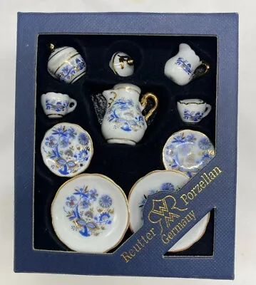 REUTTER PORZELLAN Blue Onion Gold 10 Piece Tea Set - Miniature Dollhouse 1:12 • $32.75