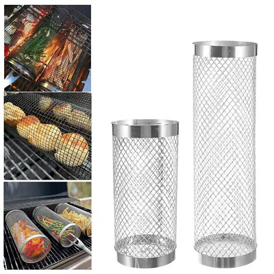 Rolling Grilling Basket BBQ Net Tube Round Stainless Steel Grill Mesh Cylinder • $13.71
