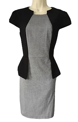 Miss Selfridge Peplum Stretch Smart Work Pencil Black Dogtooth Dress Sz 12 New • £9.99
