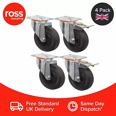 Set Of 4 150mm Rubber Wheel Castors Nylon Centre Plate Fitting Heavy Duty 160kg • £52.59