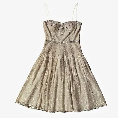 Mignon Beaded Fit & Flare Dress Size 4 NWT Taupe Lace Overlay Cocktail Formal • $39.99