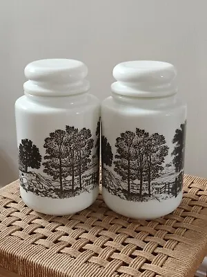 2x VTG Belgian Milk Glass Storage Jars Canisters White / Black Countryside Scene • £14.99