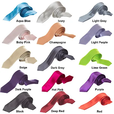 Men's Tie Plain Ties Satin Solid Color Slim Skinny Smart Party Wedding • £2.79