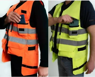 £35.99 • Buy Hi Vis Vest With Zip Pocket High Visibility Tool Vest Jacket Phone Orange Yellow