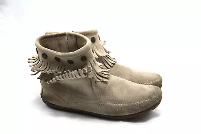 Minnetonka Double Fringe Moccasin Boots Womens 8.5 Tan Side Zip 696 Leather • £14.45